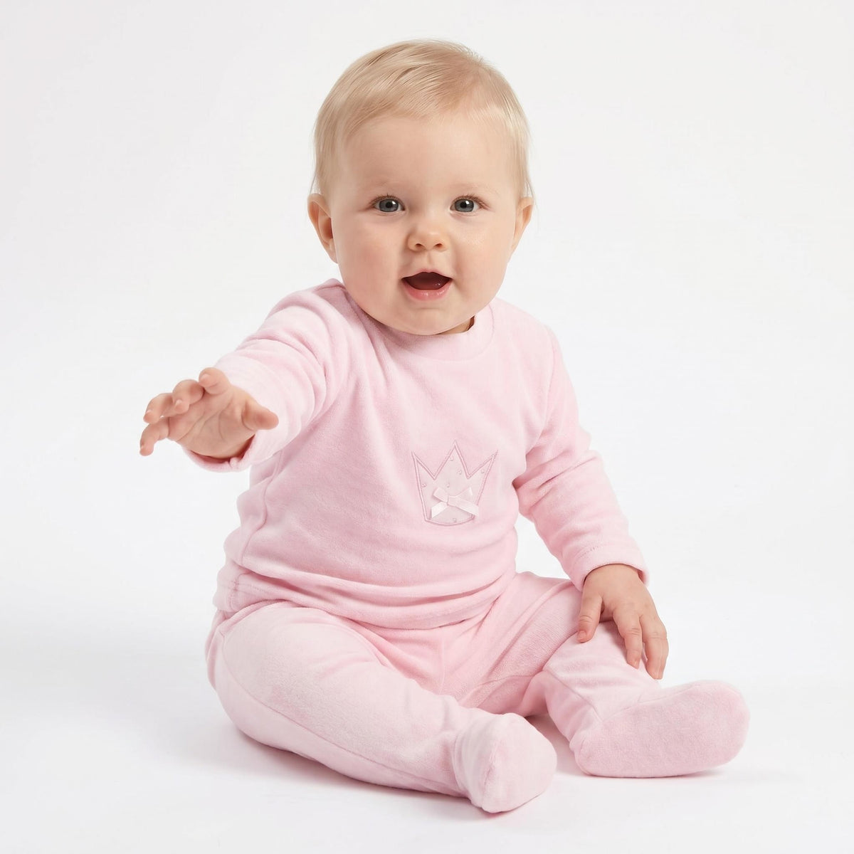 Baby Pink Cotton Velour Crown Pram Suit