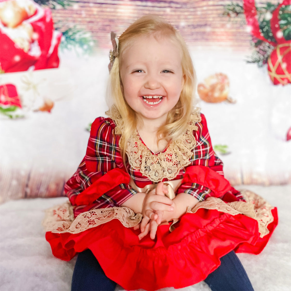 Baby Girls Red Tartan Lace Layered Bow Dress