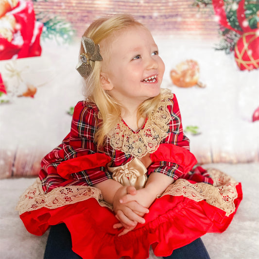 Baby Girls Red Tartan Lace Layered Bow Dress
