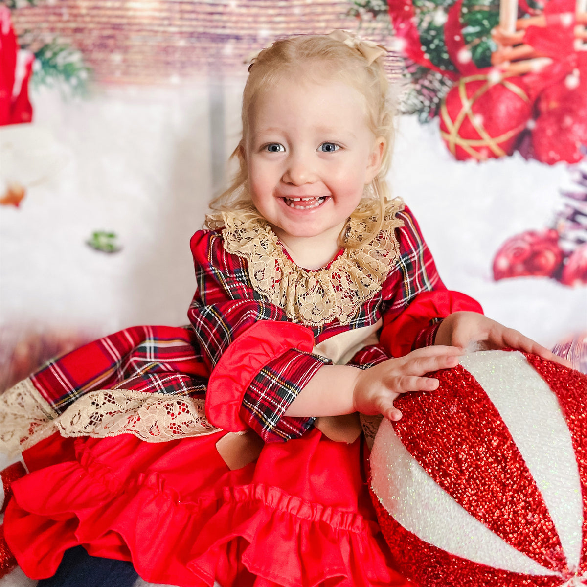 Baby Girls Red Tartan Lace Layered Bow Dress