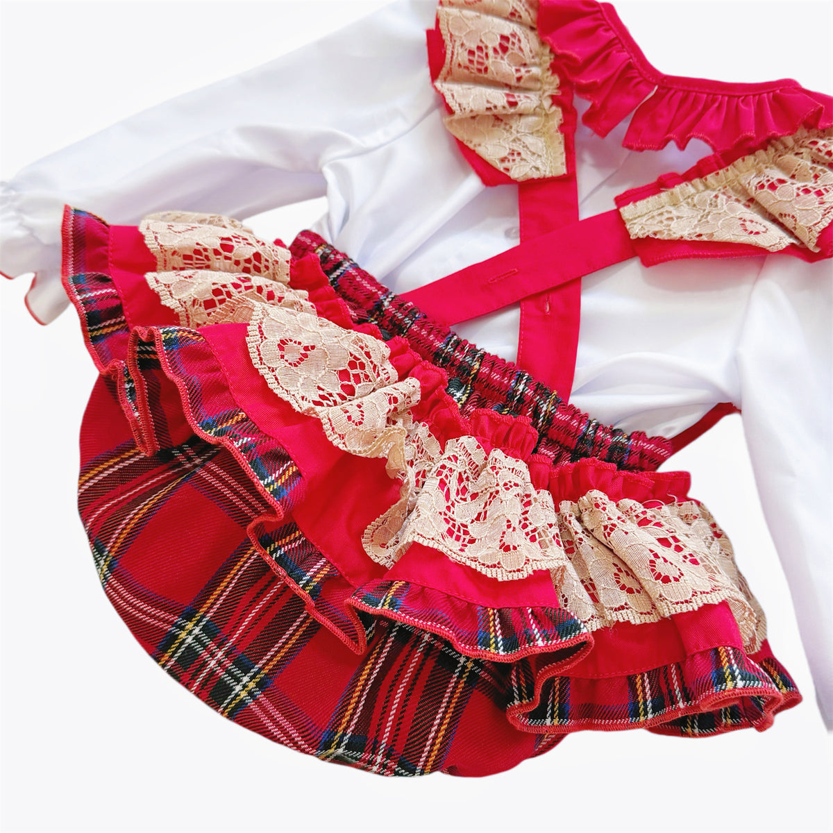 Baby Girls Red Tartan Lace Brace Pants and Blouse