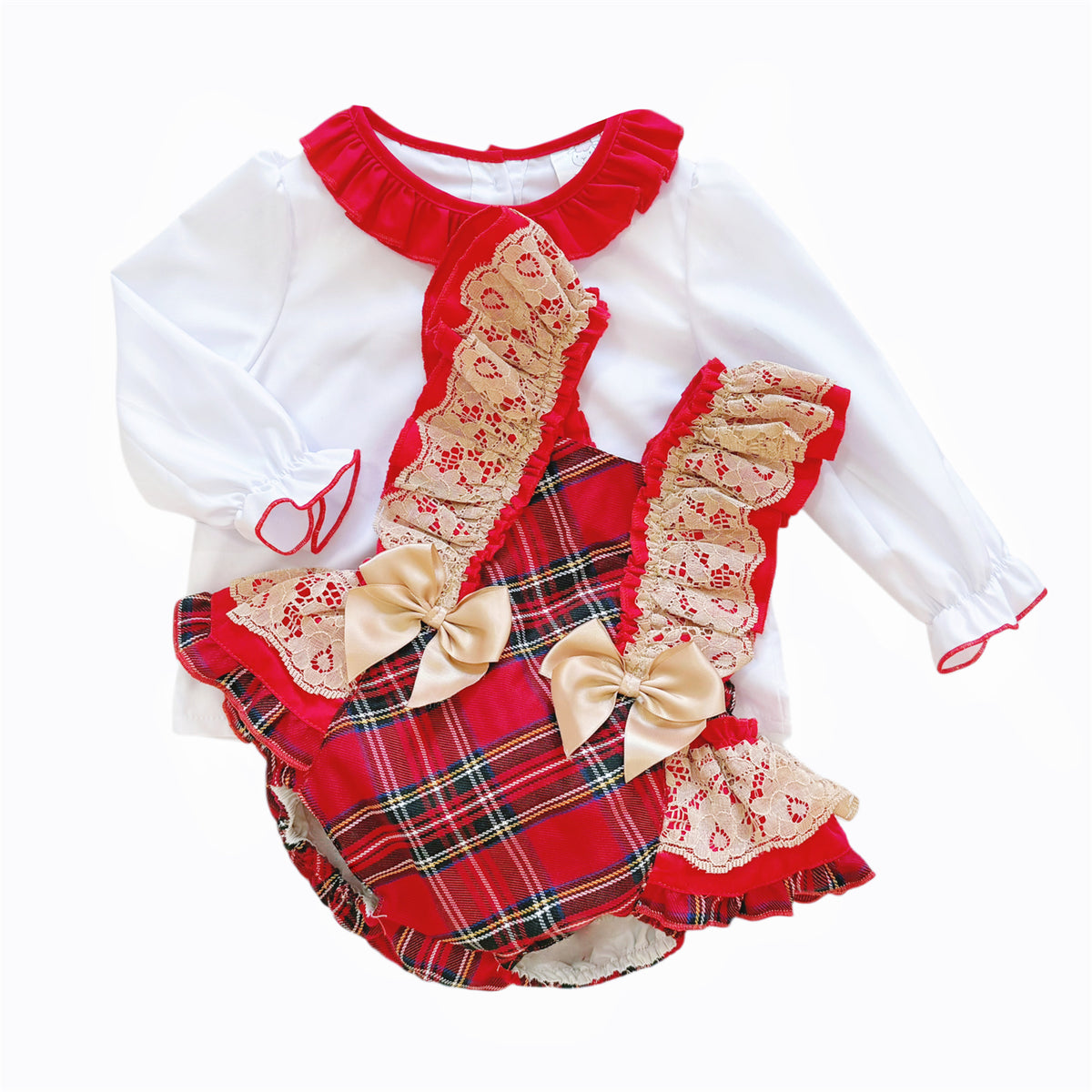 Baby Girls Red Tartan Lace Brace Pants and Blouse