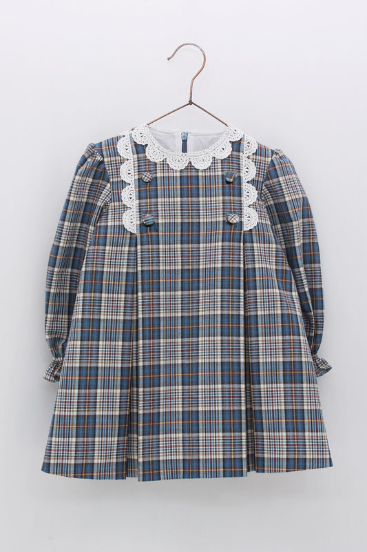 Baby Girls Blue And Grey Cotton Tartan Dress