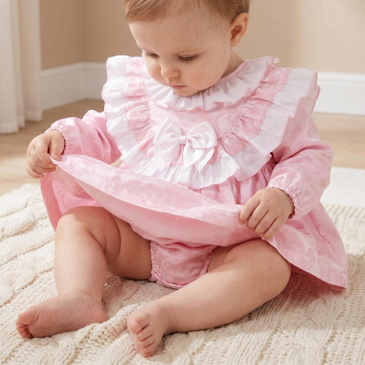 Baby Girls Pink Jacquard Collar Dress & Trousers Set