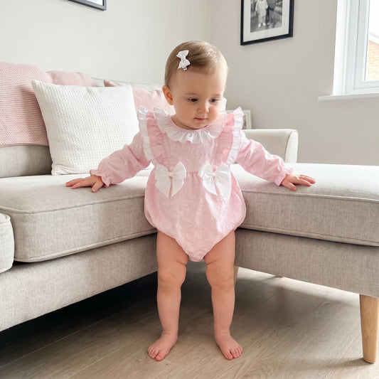 Baby Girls Pink Jacquard Frill Romper