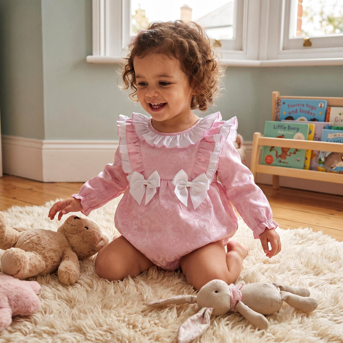 Baby Girls Pink Jacquard Frill Romper