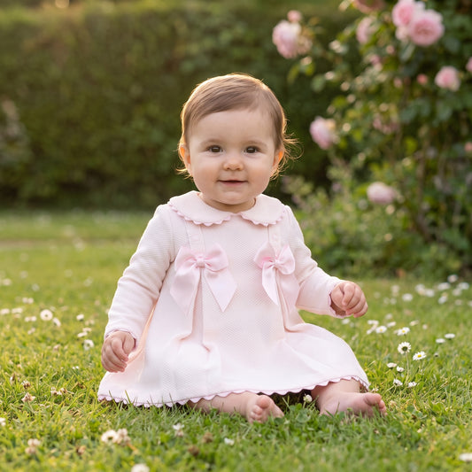 Baby Girls Pink Waffle Puff Dress with Satin Bow