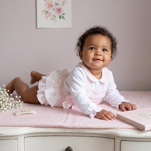 Baby Girls Pink Waffle Frilly Bottom Romper With Shirt