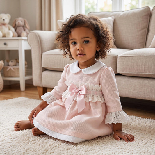 Baby Girls Pale Pink Broderie Waist Dress with Bow