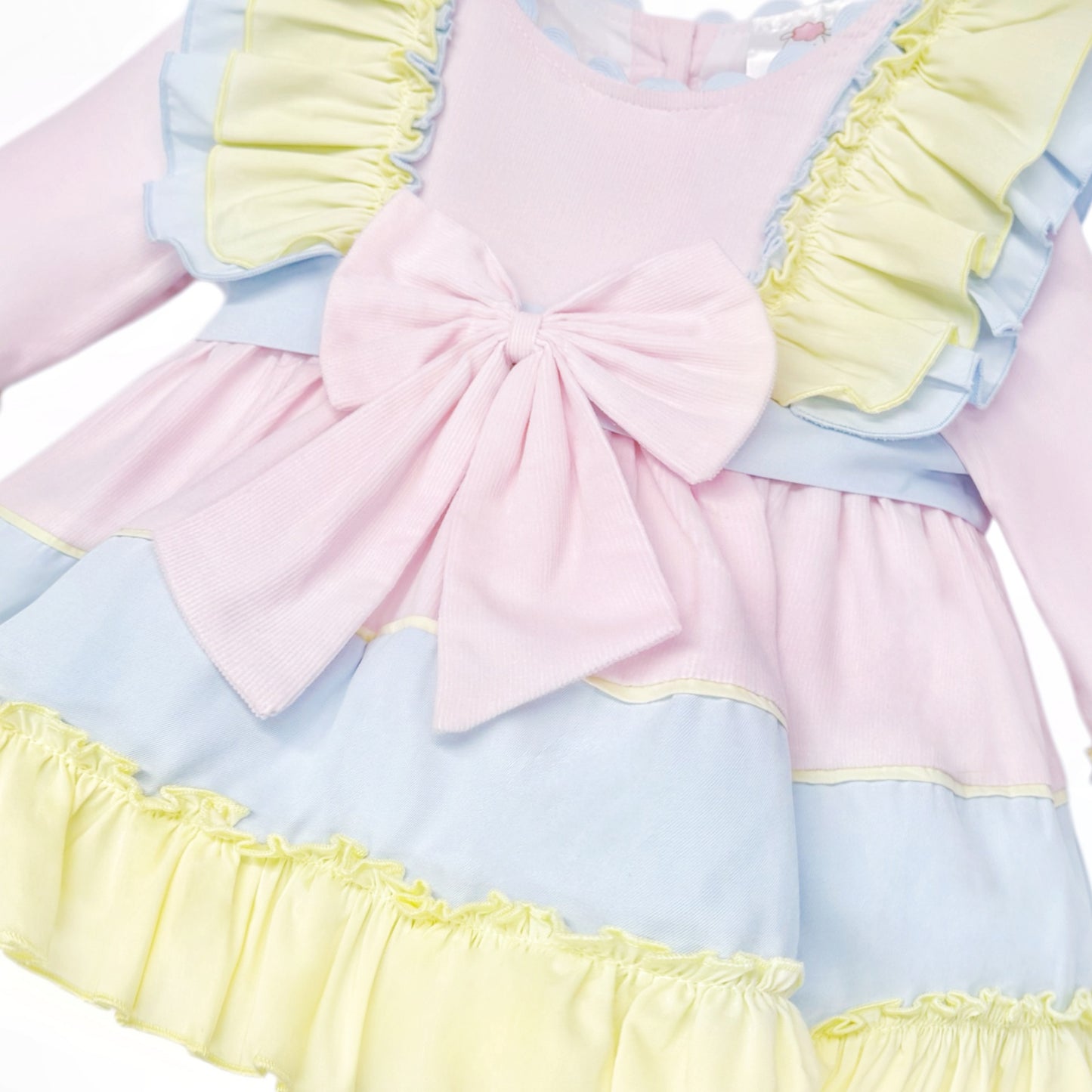 Baby Girls Pink Blue and Yellow Ruffle Dress, detail view