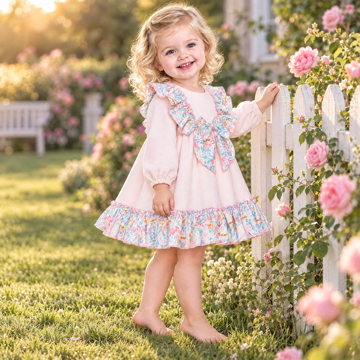 Baby Girls Pale Pink Floral Ruffle Dress with Back Bow