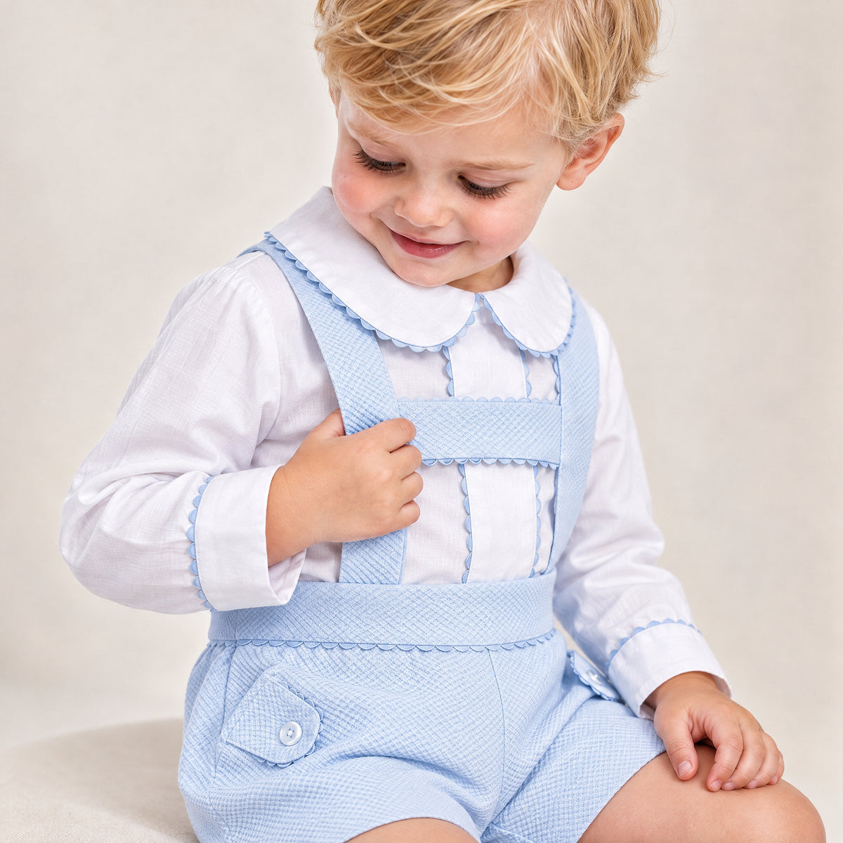 Baby Boys Pale Blue Pique Dungaree Shorts and Shirt Set