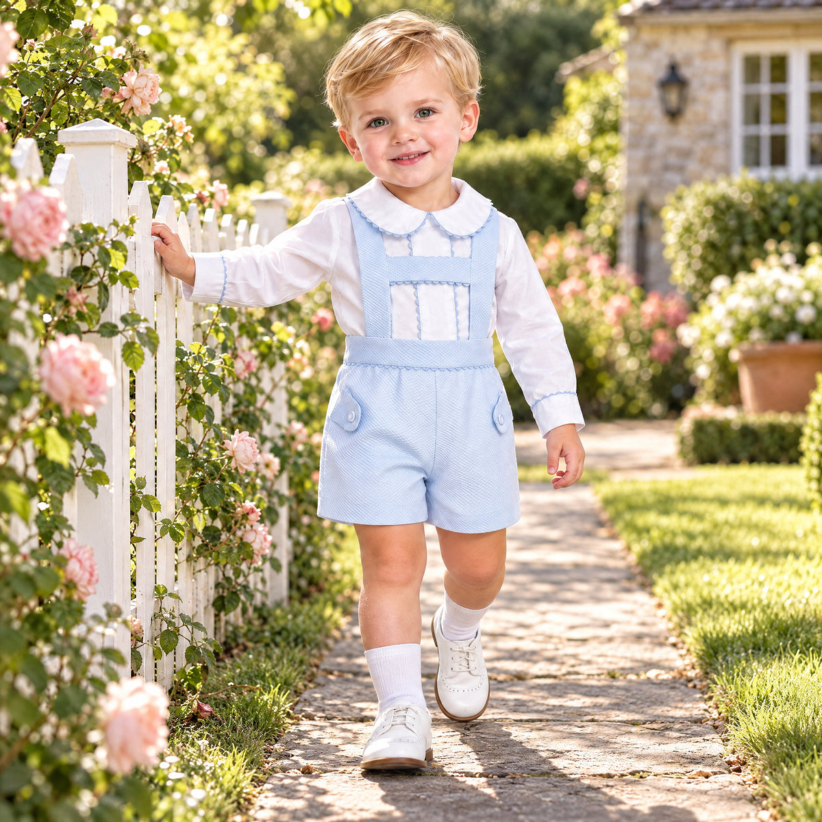 Baby Boys Pale Blue Pique Dungaree Shorts and Shirt Set