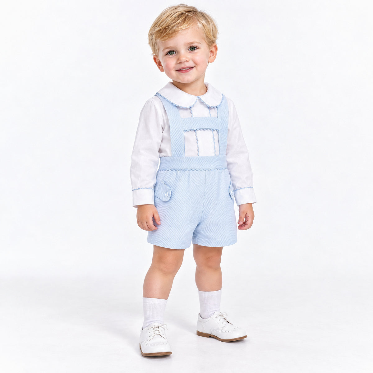 Baby Boys Pale Blue Pique Dungaree Shorts and Shirt Set