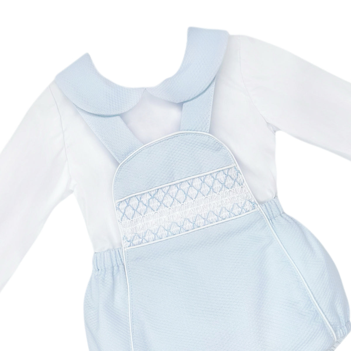 Baby Boys Pale Blue Smocked Pique Romper and Shirt Set, product detail view