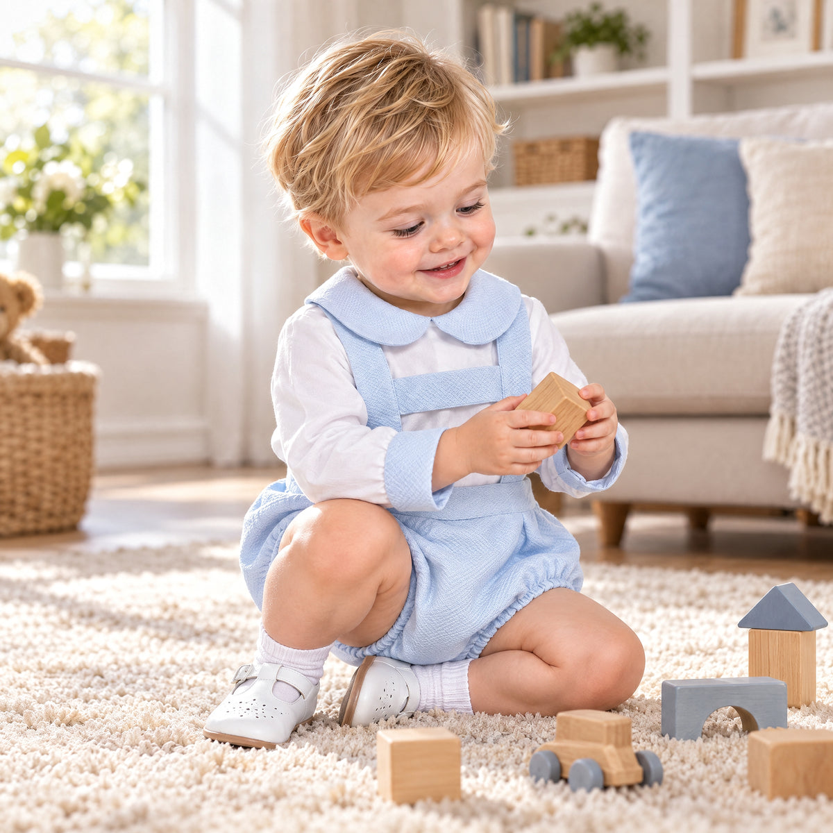 Baby Boys Pale Blue Pique Bubble Romper and Shirt Set