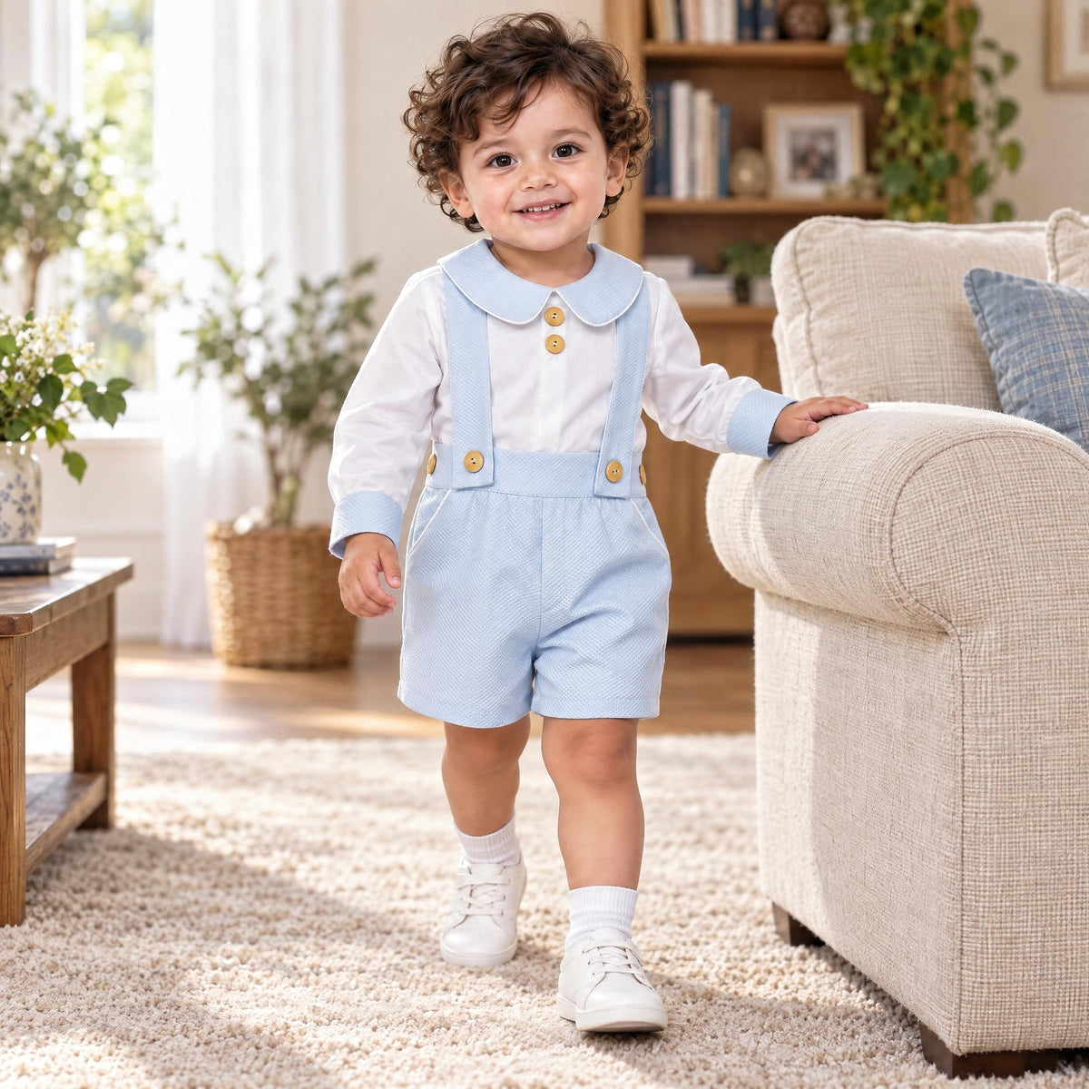 Baby Boys Pale Blue Pique Brace Shorts and Shirt Set