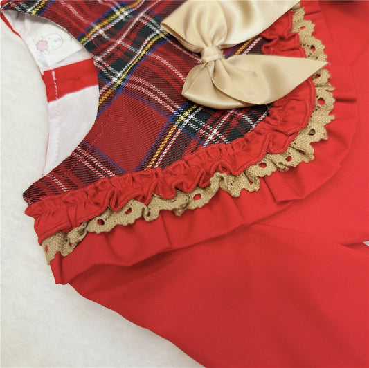 Baby Girls Red Tartan Bib Dress with Cream Bow