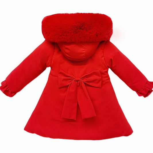 Baby Girls Red Puffer Coat With Faux Fur Hood