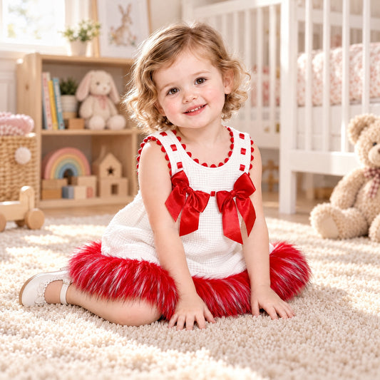Baby Girls White Waffle Dress with Red Faux Fur Hem