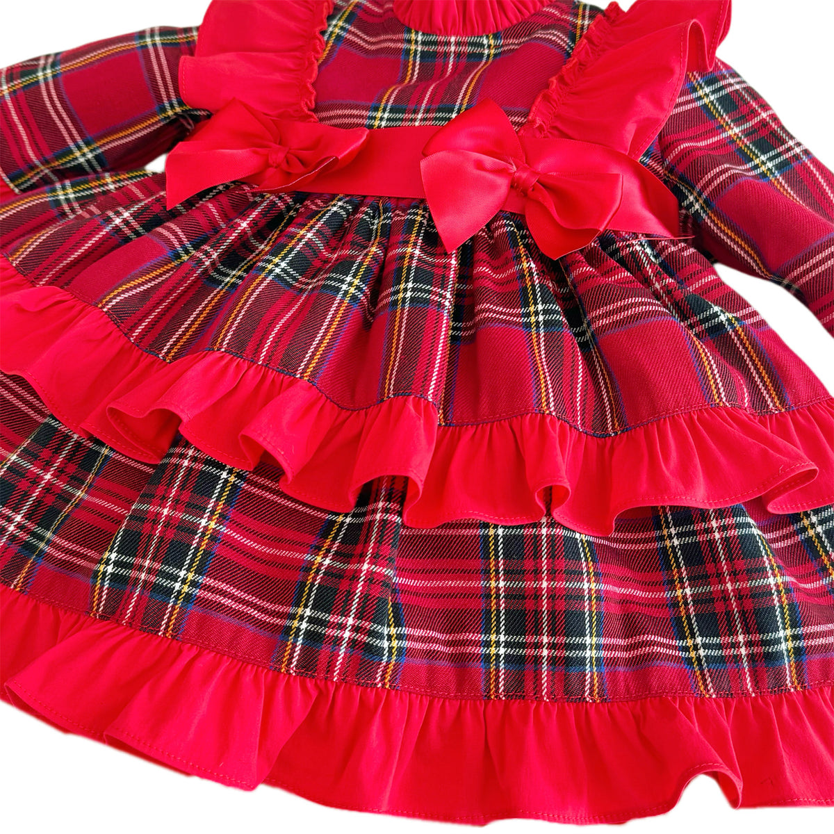 Baby Girls Red Tartan Frill Shoulder Puffball Dress