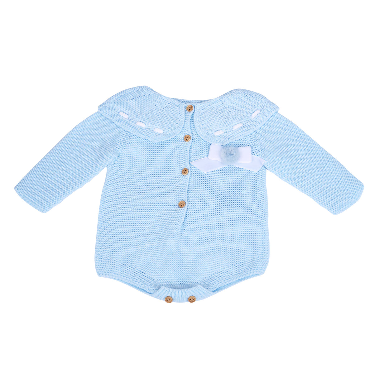 Blue Knitted Baby Romper with White Bow