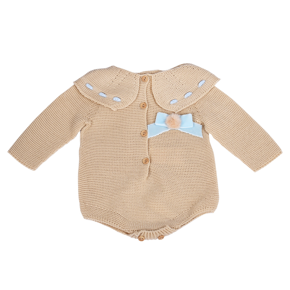 Camel and Blue Ribbon Knitted Baby Romper