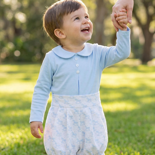 Baby Boys Blue Rocking Horse Print Top & Trousers Set