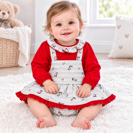 Baby Girls Red With Grey Puppy Print Pinafore With Top
