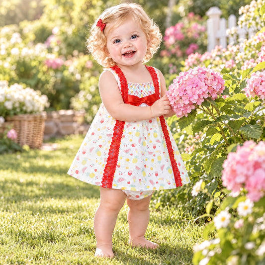 Baby Girls Fruit Print Red Lace Dress With Pants