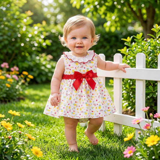 Baby Girls Summer Print Puff Sleeve Dress Set with Pants