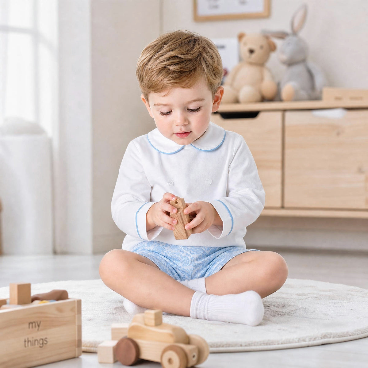 Baby Boys Blue Jacquard Trousers & Shirt Set