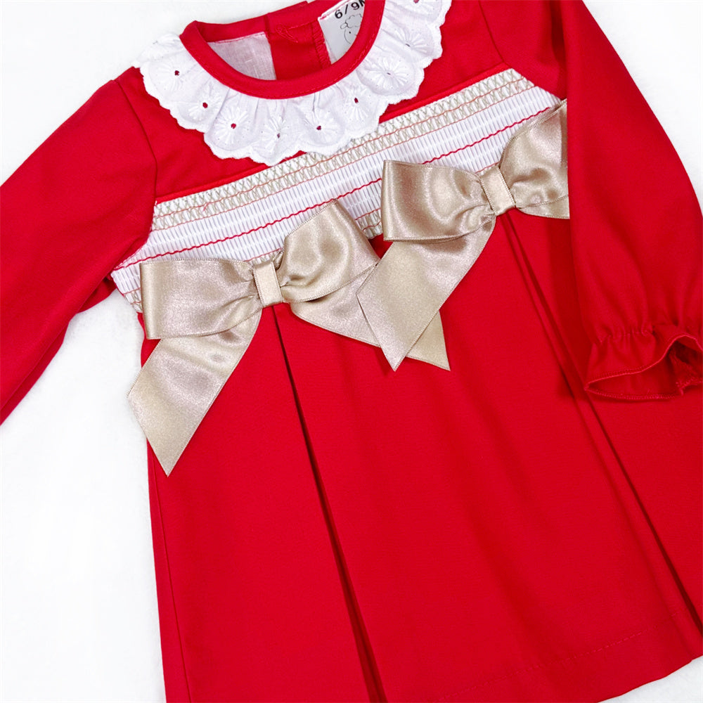 Baby Girls Red Smocked Gold-Bow Dress and Pants