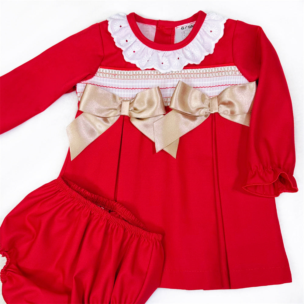 Baby Girls Red Smocked Gold-Bow Dress and Pants