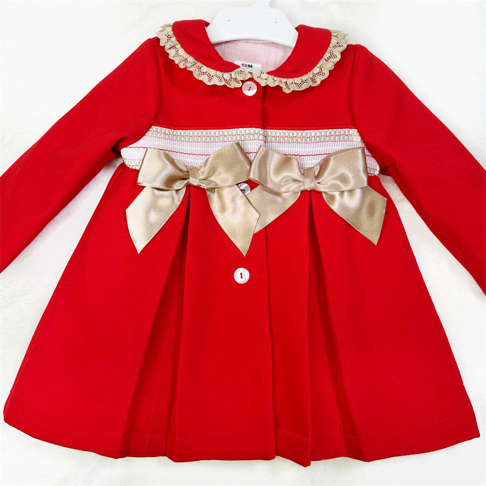 Girls Red Smocked Gold-Bow Coat