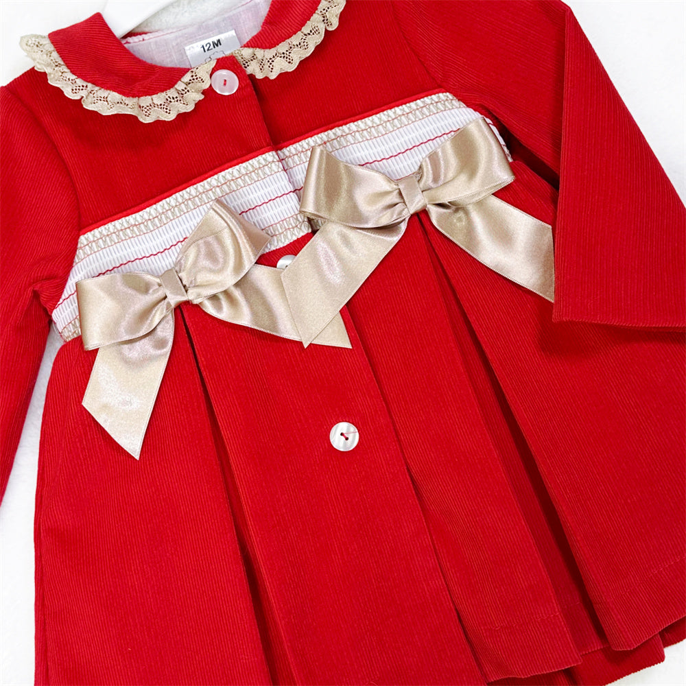 Girls Red Ribbed Smocked Bow Coat