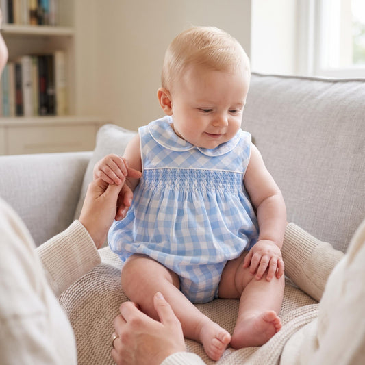Baby Unisex Blue Smock Checked Romper