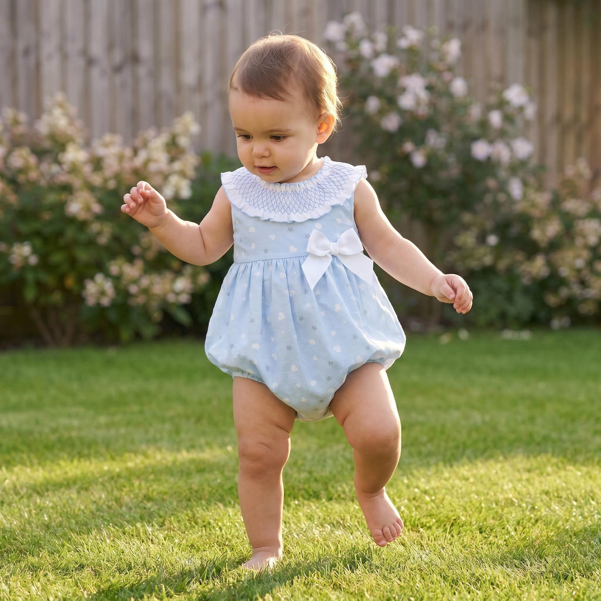 Baby Girls Blue Smocked Collar Romper