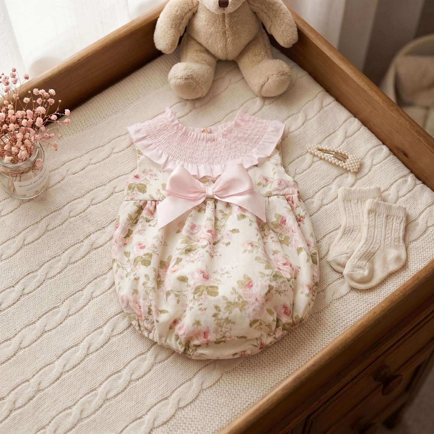 Baby Girls Pink Floral Smocked Romper