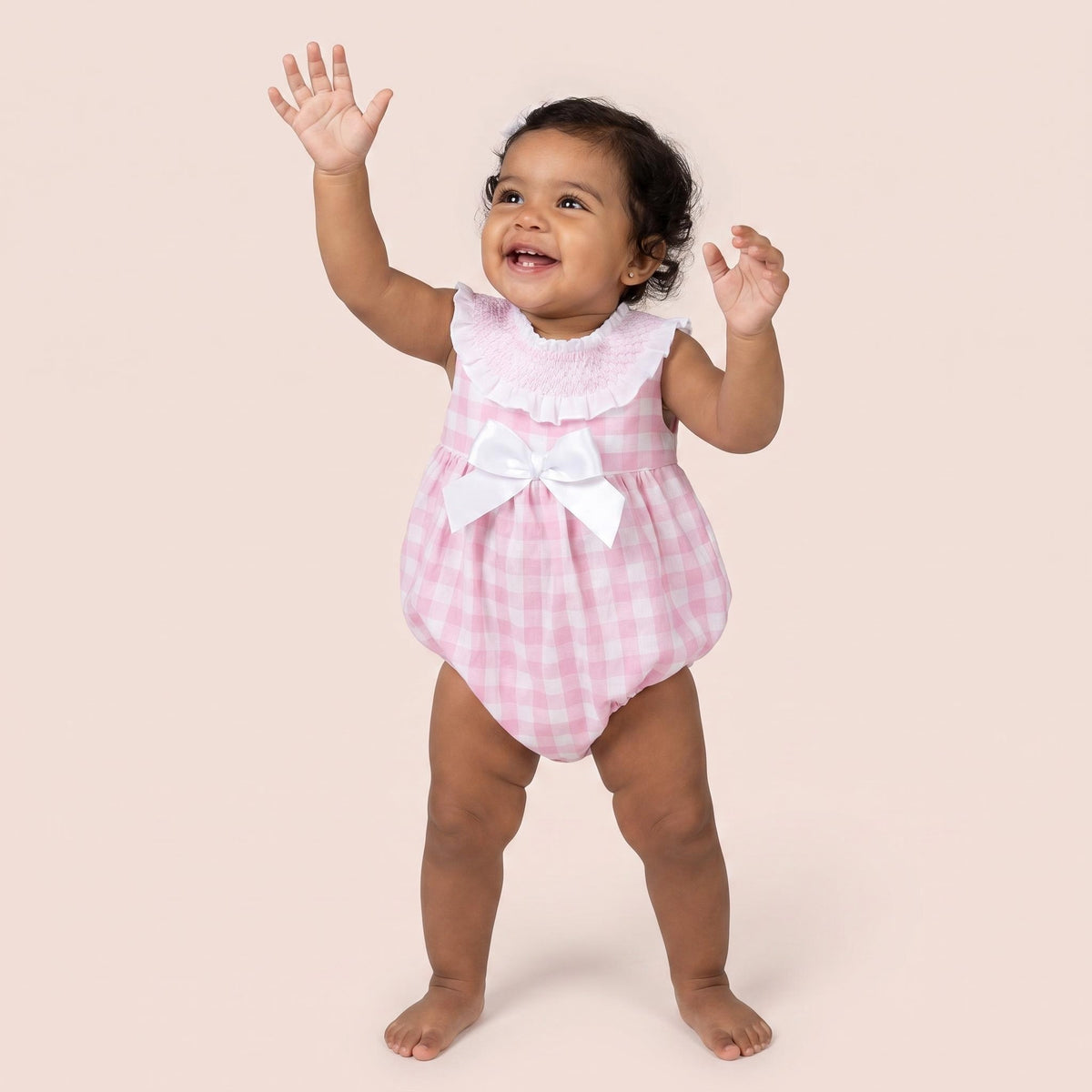 Baby Girls Pink Checked Smocked Romper