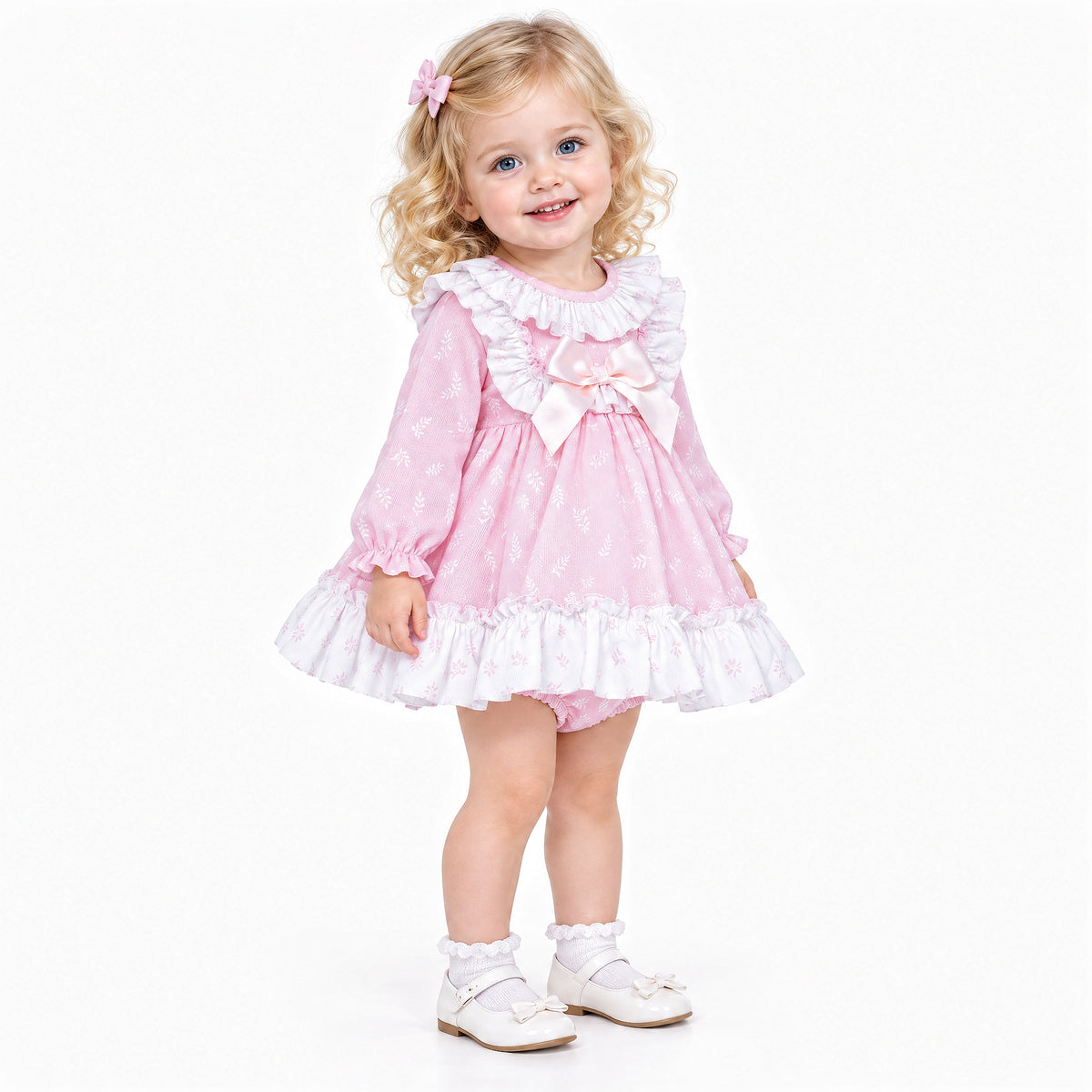 Baby Girls Pink Floral Print Puff Ball Dress With Pants