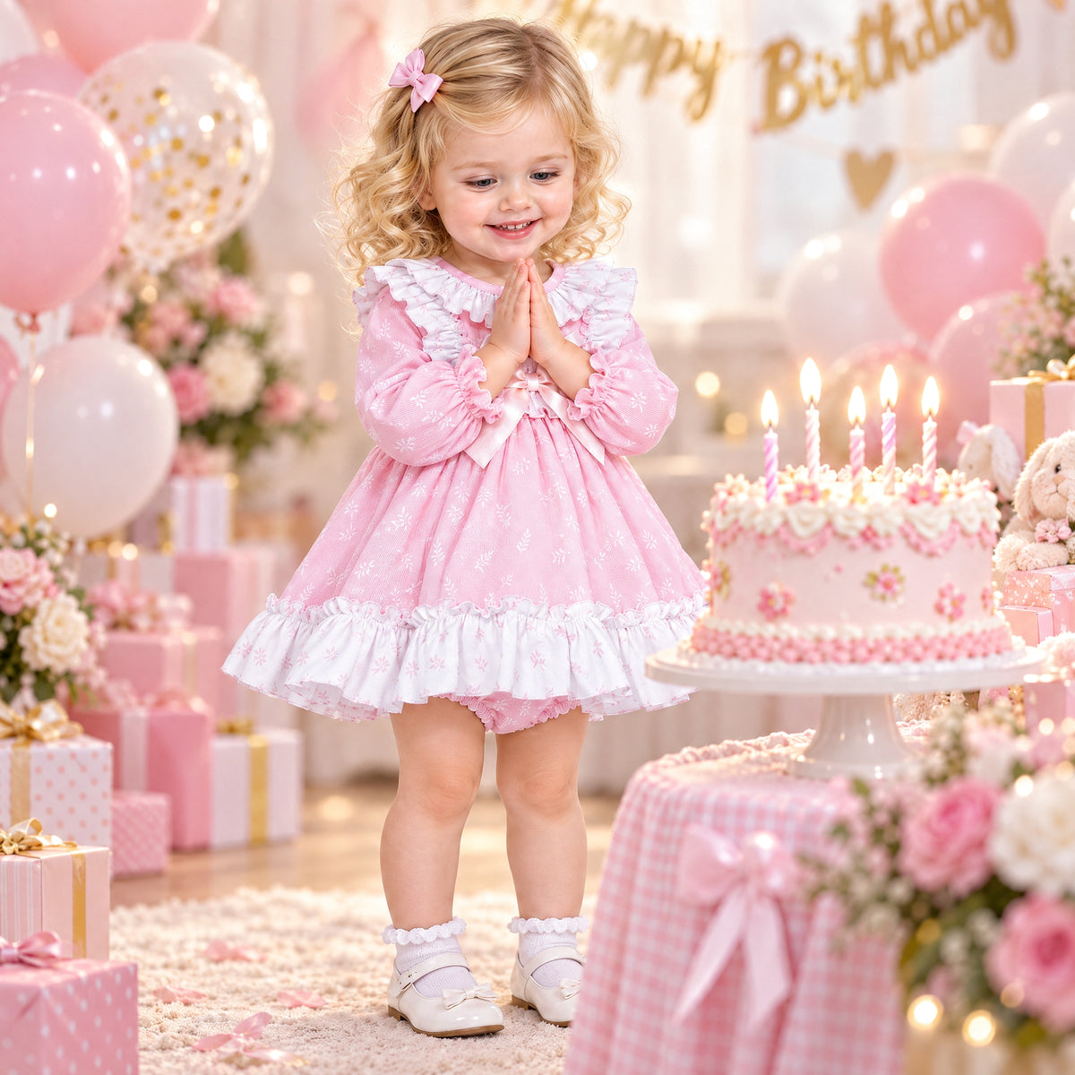 Baby Girls Pink Floral Print Puff Ball Dress With Pants
