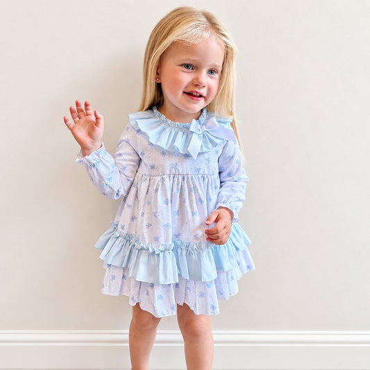 Baby Girls Blue Bow Print Puff Ball Dress With Pants