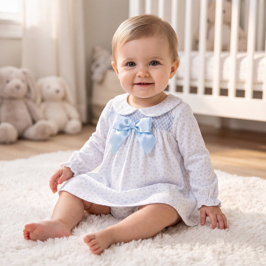 Baby Girls Pale Blue Love Smock Dress With Pants
