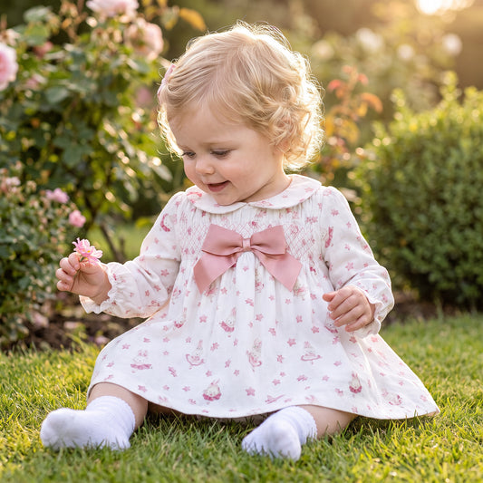 Baby Girls Pink Bunny Smock Dress With Pants