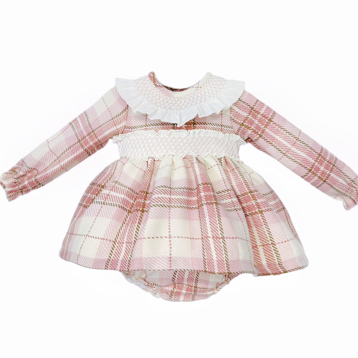 Pink Tartan Smocked Collar Dress and Pants Set