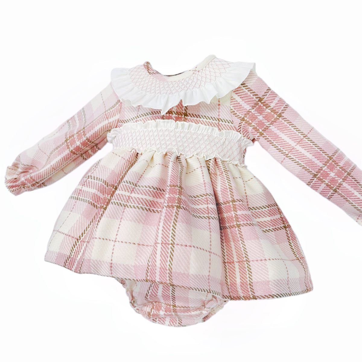 Pink Tartan Smocked Collar Dress and Pants Set