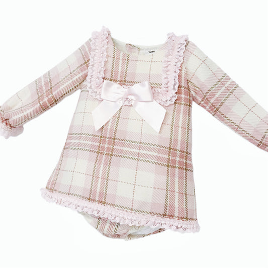 Pink Tartan Lace-Trim Dress and Pants Set