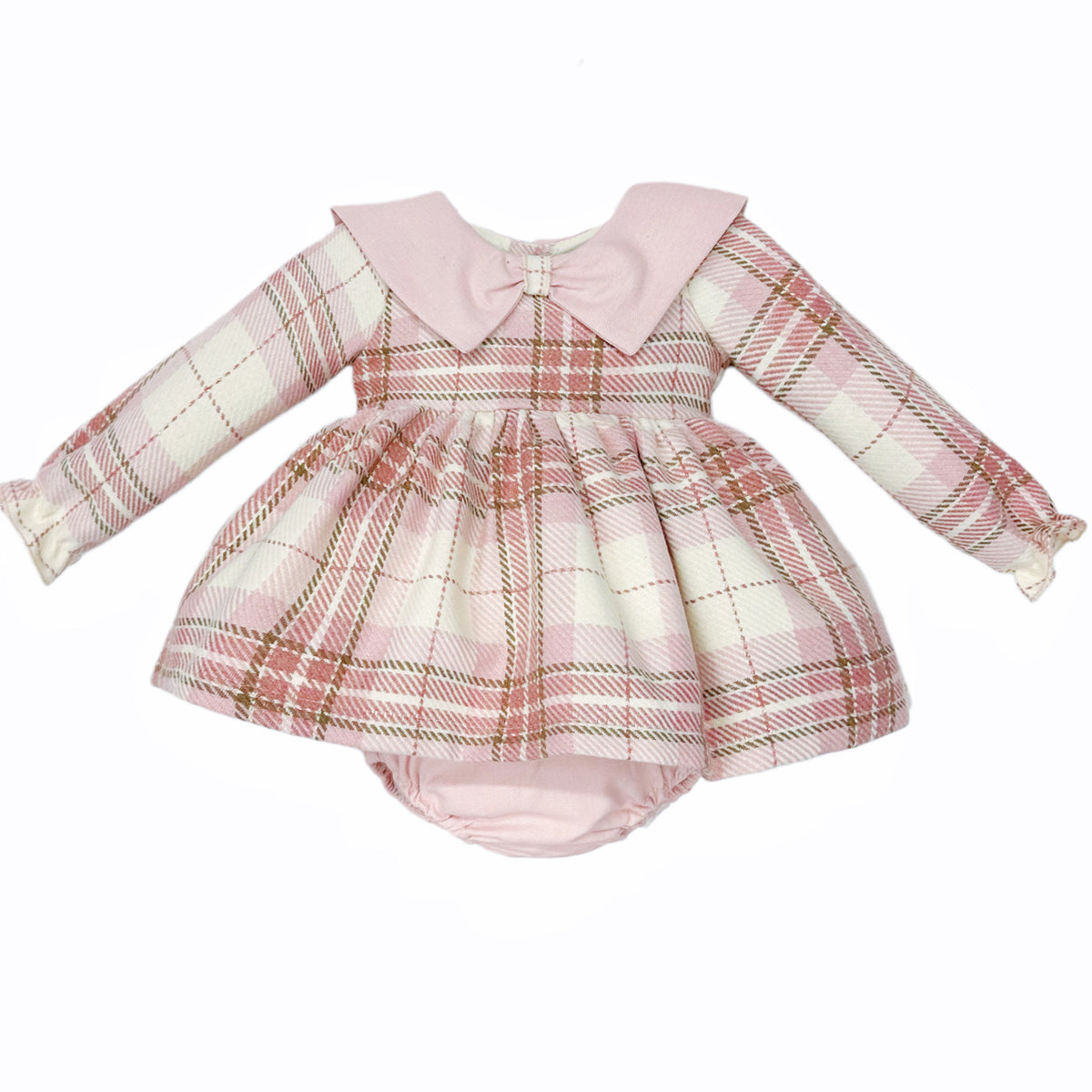 Pink Tartan Bow-Collar Dress and Pants Set