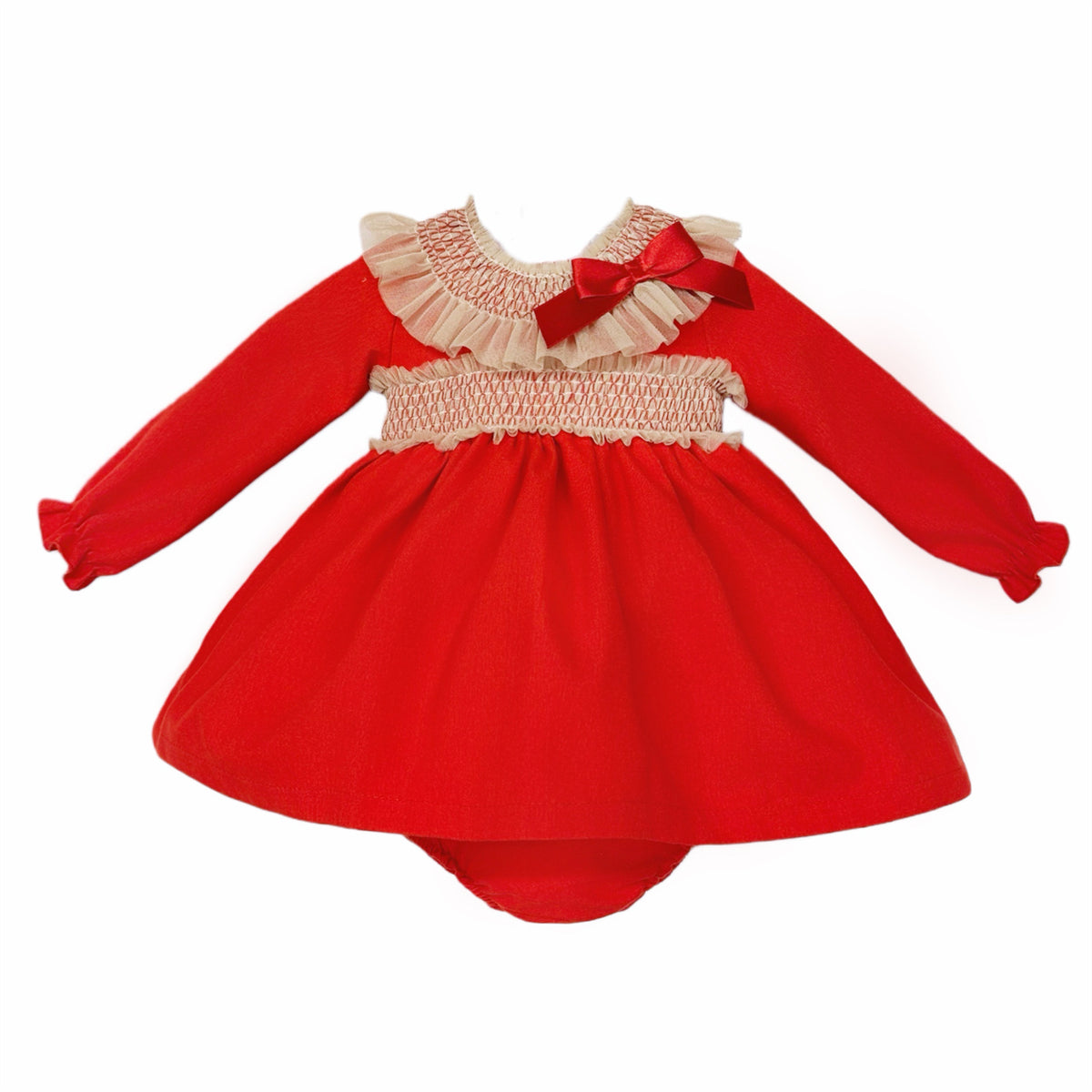 Baby Girls Red Smocked Frill-Collar Dress and Pants